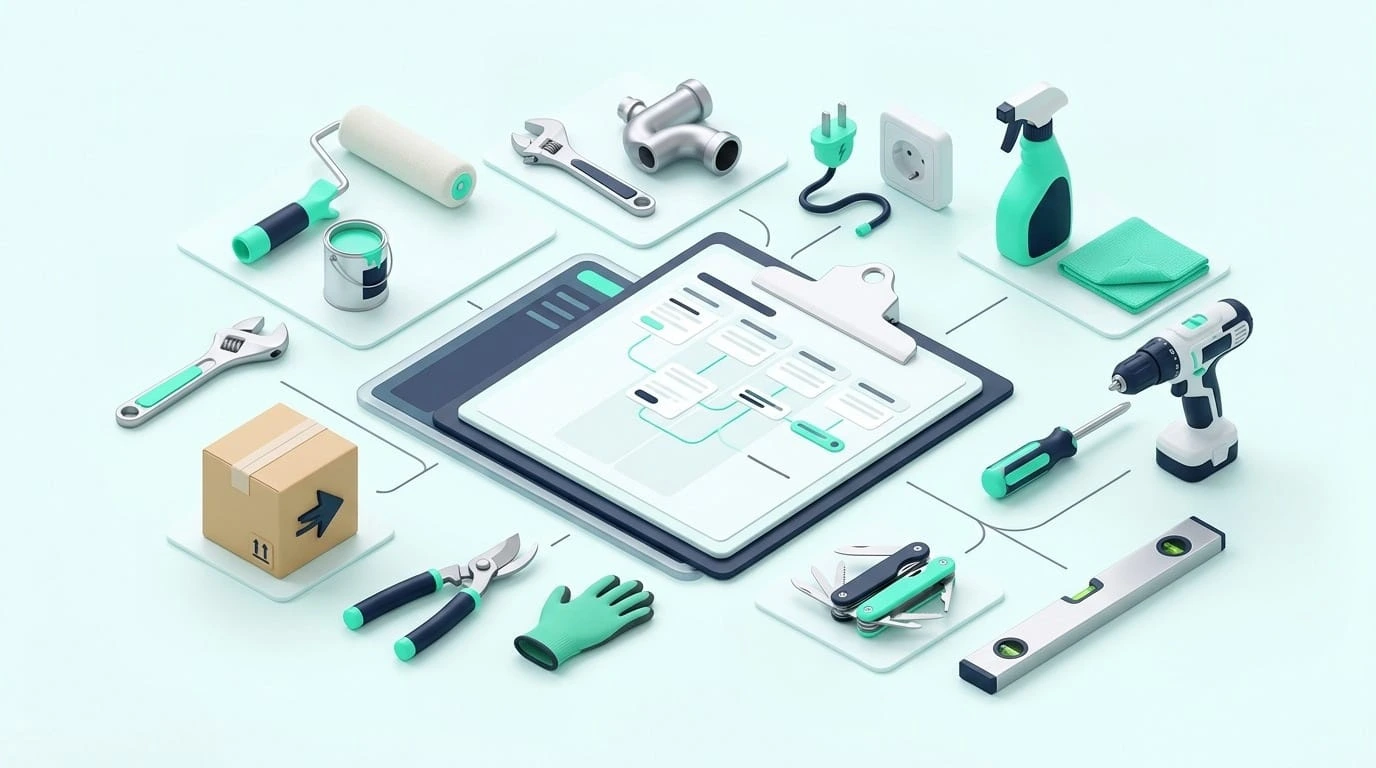 Tools for painting, plumbing, electrical, cleaning, moving and garden jobs around a job list